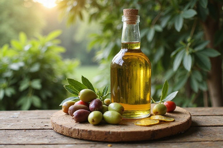 Bottiglia di olio d'oliva extra vergine su un tavolo di legno con olive fresche e foglie d'ulivo