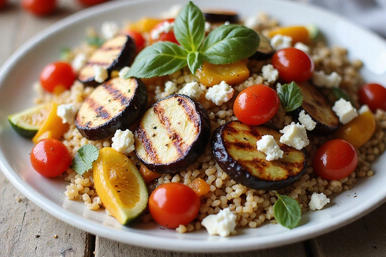 Colorata insalata di farro con verdure grigliate come peperoni, zucchine, melanzane e pomodorini, condita con feta