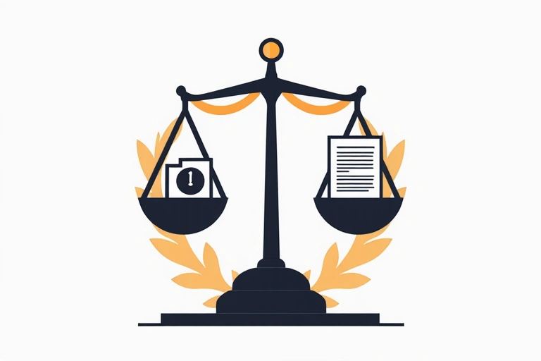 Bilancia della giustizia con documenti e un simbolo di protezione